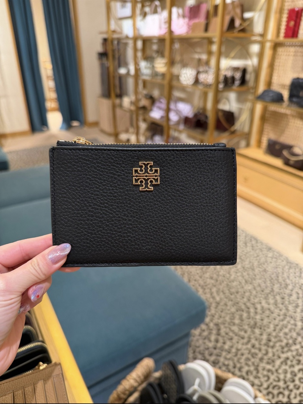 Tory Burch Black Pebbled Leather Zip Card Holder with Gold Logo